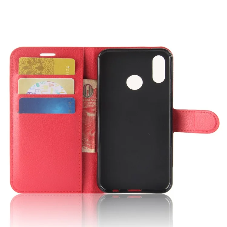 Litchi Skin PU Leather Case Magnetic Closure Folio Flip Wallet Stand  Shell for Huawei P30 Lite - Red
