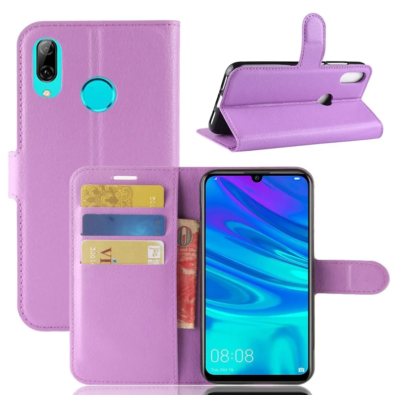 Litchi Skin PU Leather Case Magnetic Closure Folio Flip Wallet Stand  Shell for Huawei P30 Lite - Purple
