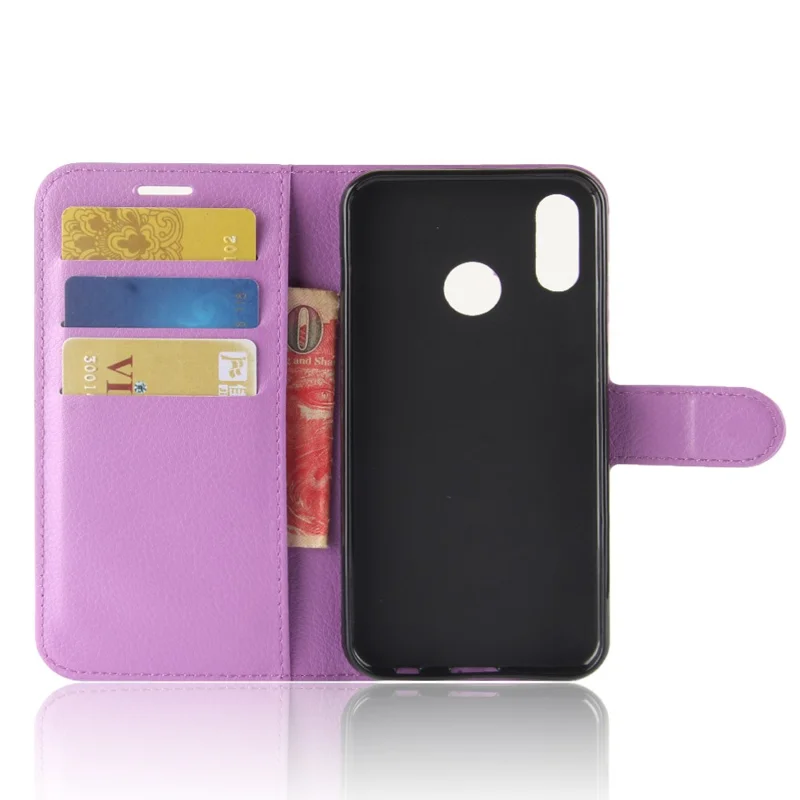 Litchi Skin PU Leather Case Magnetic Closure Folio Flip Wallet Stand  Shell for Huawei P30 Lite - Purple