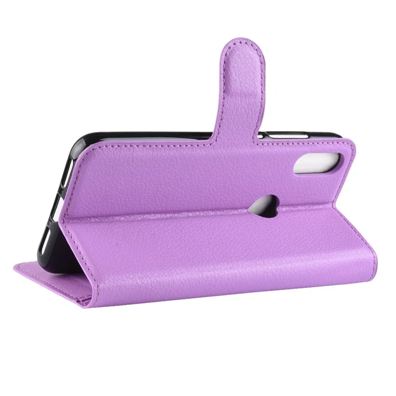 Litchi Skin PU Leather Case Magnetic Closure Folio Flip Wallet Stand  Shell for Huawei P30 Lite - Purple