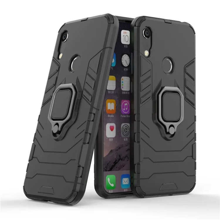 TPU + PC Hybrid Case Com Kickstand de Anel de Dedo Para Huawei Honor 8a / Y6 (2019, Com Sensor de Impressão Digital) / Y6 Prime (2019) - Preto