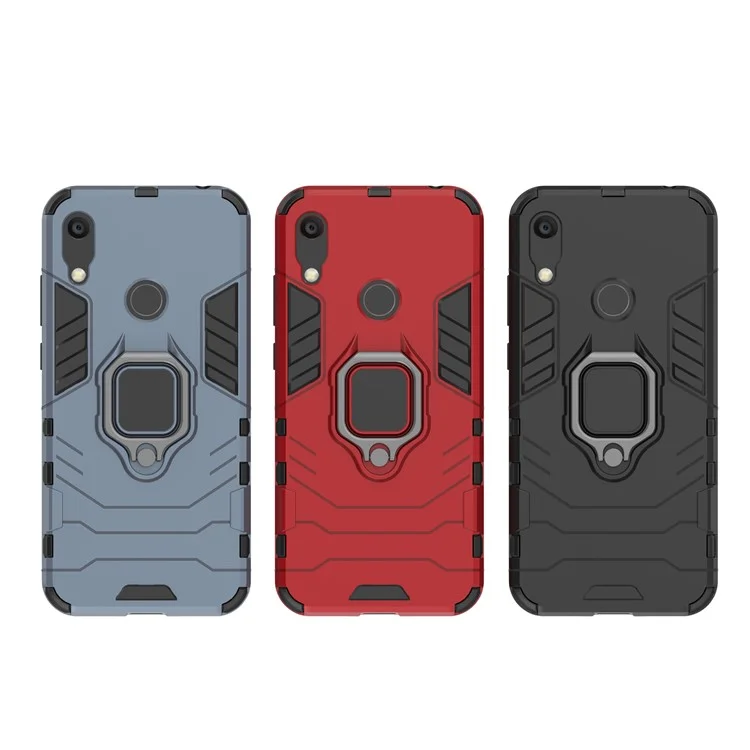 TPU + PC Hybrid Case Com Kickstand de Anel de Dedo Para Huawei Honor 8a / Y6 (2019, Com Sensor de Impressão Digital) / Y6 Prime (2019) - Preto