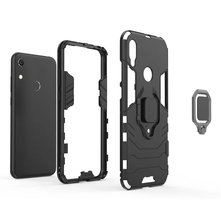 Custodia Ibrida TPU + PC Con Cavalletto ad Anello Delle Dita Per Huawei Honor 8A / Y6 (2019, Con Sensore di Impronte Digitali) / Y6 Prime (2019) - Nero