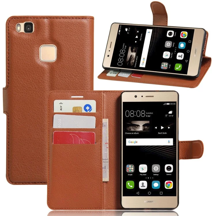 Litchi Grain Folio Flip Leather Wallet Funda Para Huawei P9 Lite - Marrón