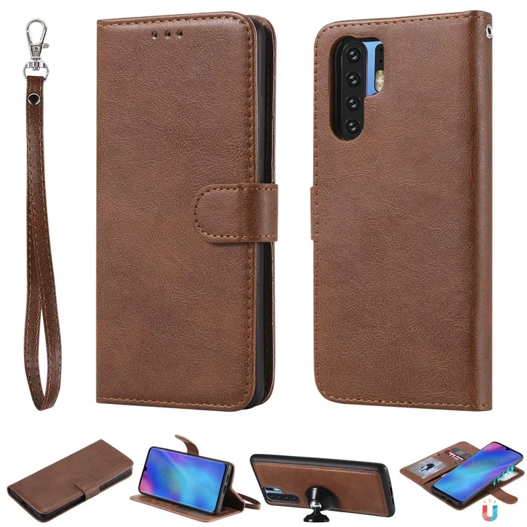 For Huawei P30 Pro Case 2 in 1 Detachable Magnetic Leather Wallet Mobile Cover with Strap - Brown
