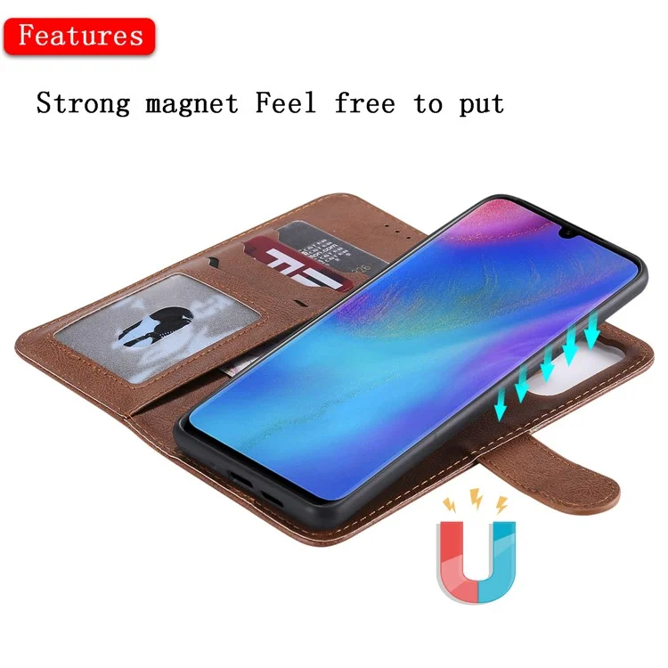 For Huawei P30 Pro Case 2 in 1 Detachable Magnetic Leather Wallet Mobile Cover with Strap - Brown