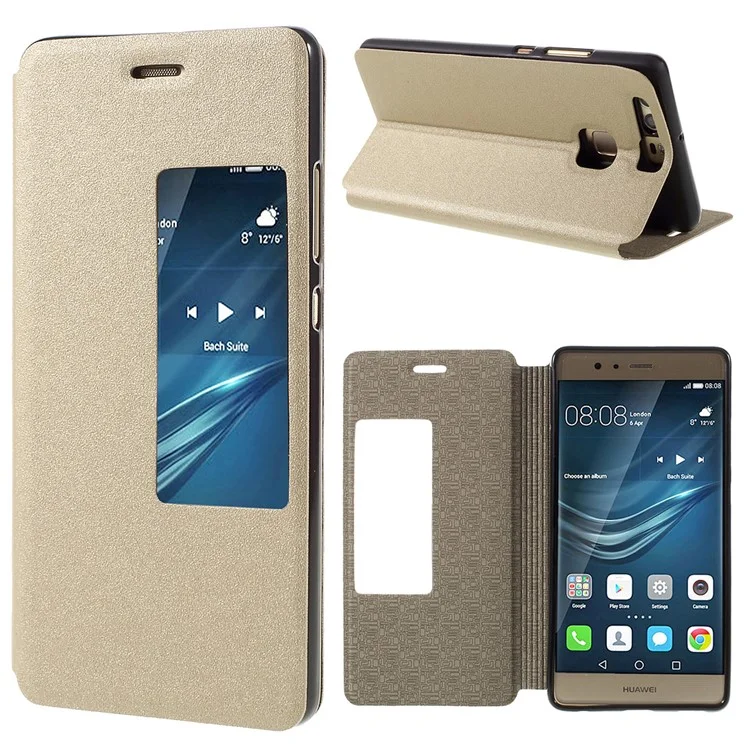 Sand-like View Window Leather Folio Case for Huawei P9 - Gold