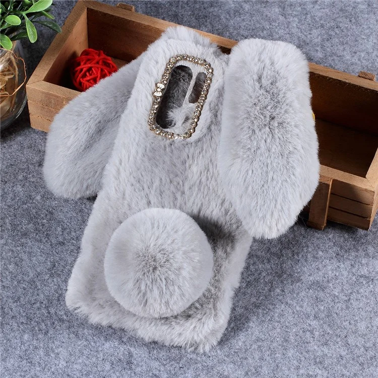 Rabbit Shape Fluffy Fur Coated Rhinestone TPU Case for Huawei P30 Pro - Light Grey