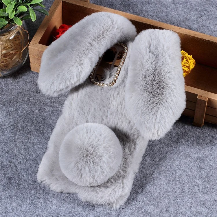 Rabbit Shape Fluffy Fur Coated Rhinestone TPU Case for Huawei P30 Pro - Light Grey