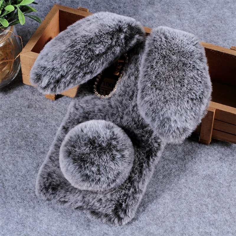 Rabbit Shape Fluffy Fur Coated Rhinestone TPU Case for Huawei P30 - Dark Grey