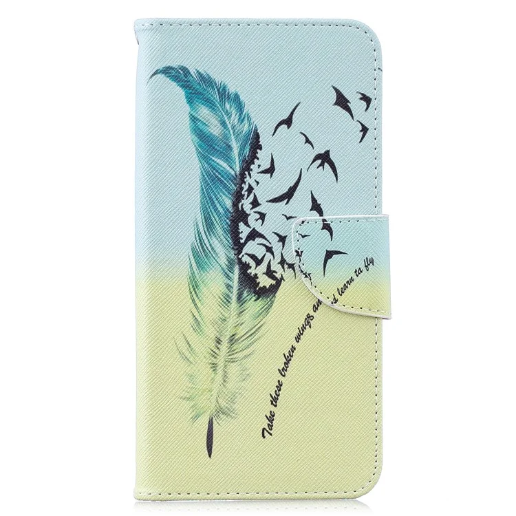 Funda de cartera de cuero PU con impresión de patrones para Huawei Y7 (2019) - Patrón de plumas