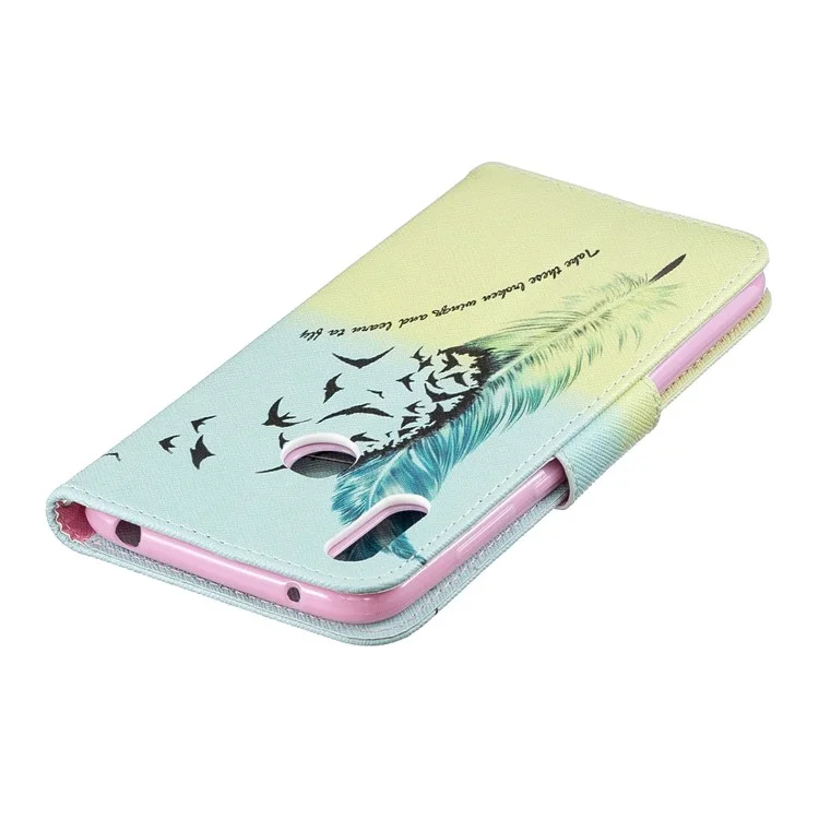 Funda de cartera de cuero PU con impresión de patrones para Huawei Y7 (2019) - Patrón de plumas