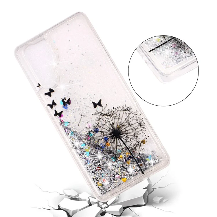 Funda de TPU con Diseño Estampado, Grabado en Relieve y Polvo Brillante para Huawei P30 Pro - Diente de León y Mariposa