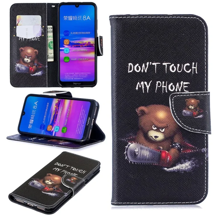 Étui à rabat en cuir PU imprimé de motifs pour Huawei Honor 8A - Ours et ses avertissements