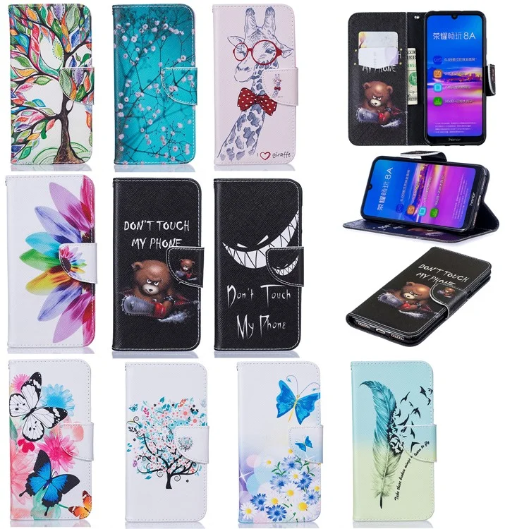 Étui à rabat en cuir PU imprimé de motifs pour Huawei Honor 8A - Ours et ses avertissements