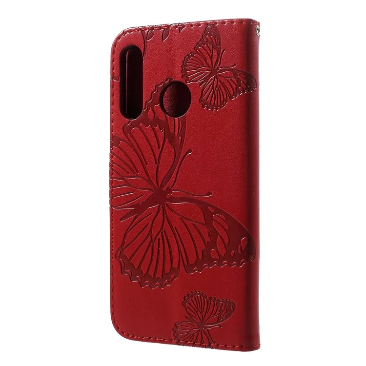 For Huawei P30 Lite Wallet Case Floral Butterfly Imprinted Leather Phone Cover Stand - Red