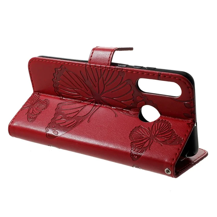 For Huawei P30 Lite Wallet Case Floral Butterfly Imprinted Leather Phone Cover Stand - Red
