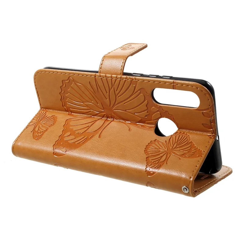 For Huawei P30 Lite Wallet Case Floral Butterfly Imprinted Leather Phone Cover Stand - Brown