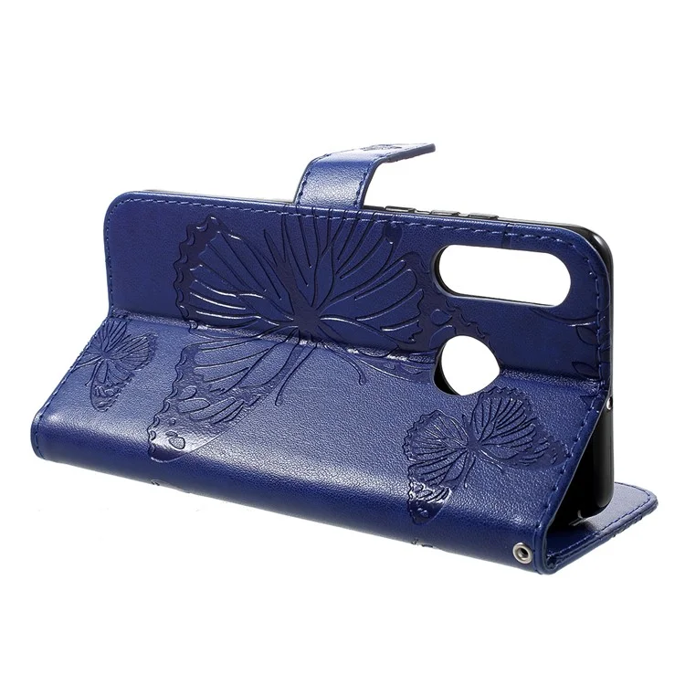 For Huawei P30 Lite Wallet Case Floral Butterfly Imprinted Leather Phone Cover Stand - Blue