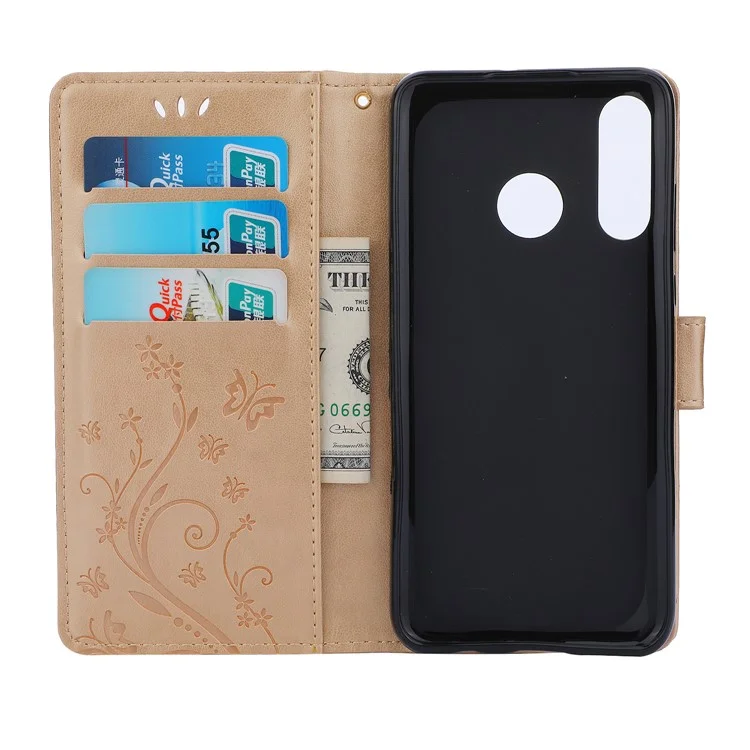 Imprint Butterfly Flower Leather Wallet Case for Huawei P30 Lite - Gold