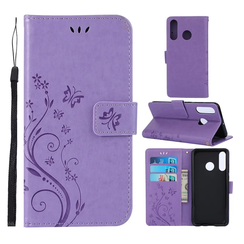 Imprint Butterfly Flower Leather Wallet Case for Huawei P30 Lite - Purple