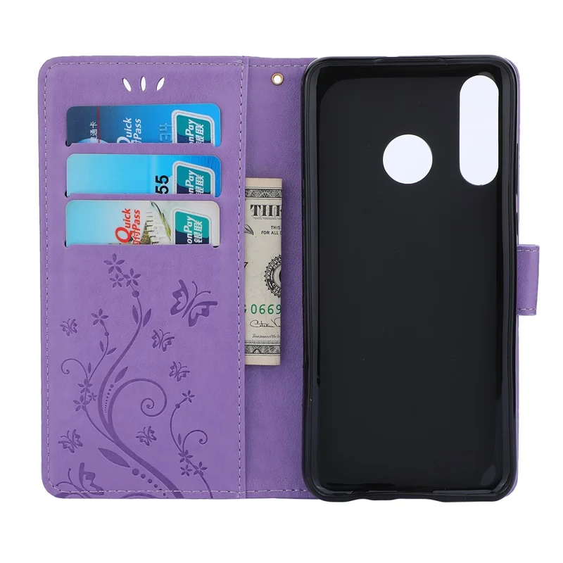 Imprint Butterfly Flower Leather Wallet Case for Huawei P30 Lite - Purple