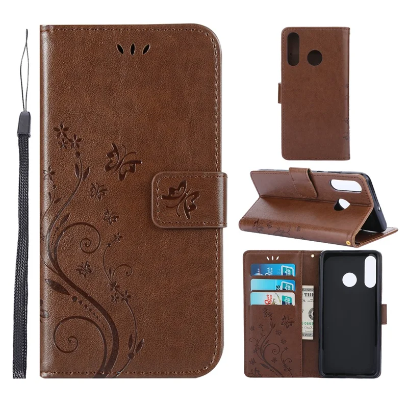 Imprint Butterfly Flower Leather Wallet Case for Huawei P30 Lite - Brown