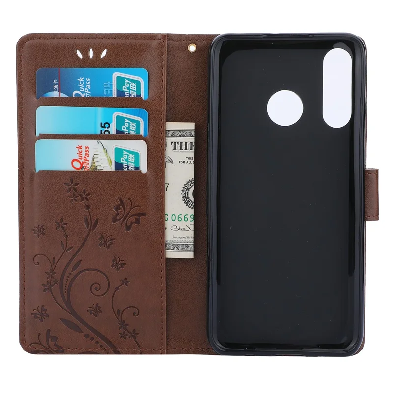 Imprint Butterfly Flower Leather Wallet Case for Huawei P30 Lite - Brown
