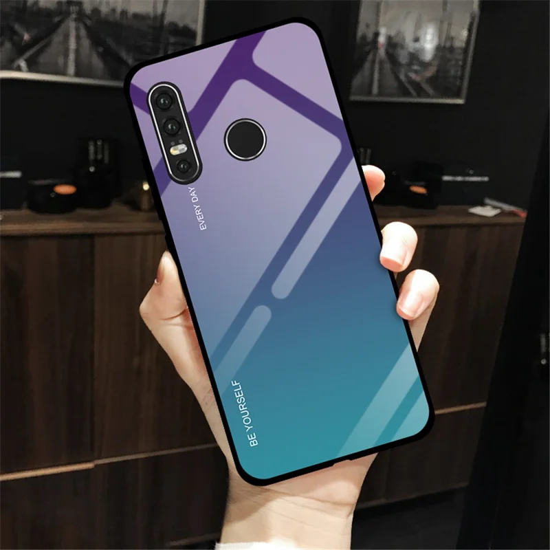 Gradient Tempered Glass TPU + PC Mobile Back Cover for Huawei P30 Lite / nova 4e - Purple / Cyan