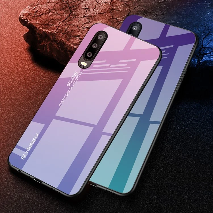 [Gradient Color] Glass + TPU + PC Hybrid Back Case for Huawei P30 - Rose / Blue