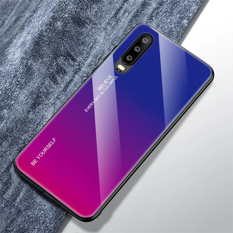 [Gradient Color] Glass + TPU + PC Hybrid Back Case for Huawei P30 - Dark Blue / Purple