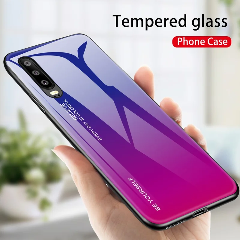 [Gradient Color] Glass + TPU + PC Hybrid Back Case for Huawei P30 - Dark Blue / Purple