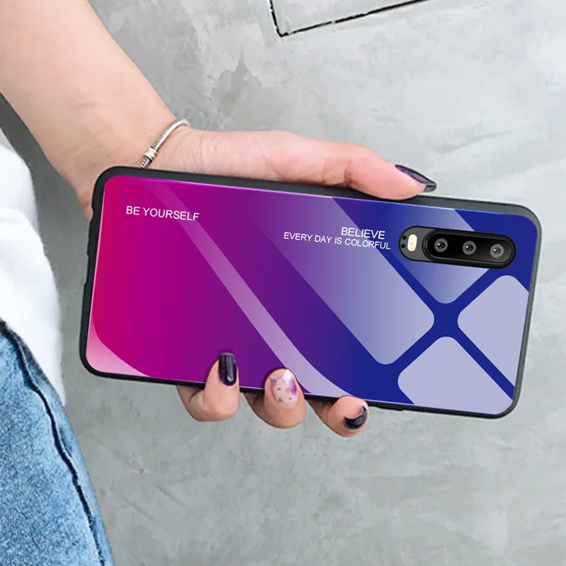[Gradient Color] Glass + TPU + PC Hybrid Back Case for Huawei P30 - Dark Blue / Purple