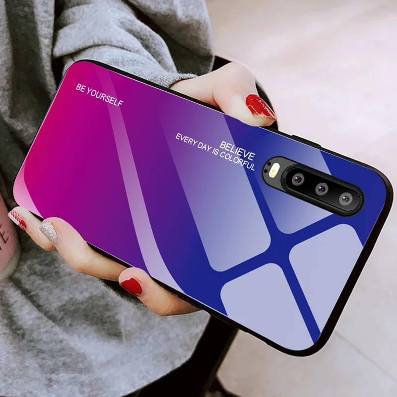 [Gradient Color] Glass + TPU + PC Hybrid Back Case for Huawei P30 - Dark Blue / Purple