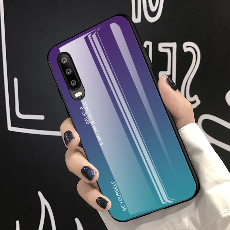 [Gradient Color] Glass + TPU + PC Hybrid Back Case for Huawei P30 - Purple / Cyan