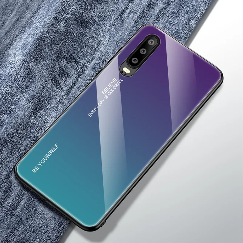 [Gradient Color] Glass + TPU + PC Hybrid Back Case for Huawei P30 - Purple / Cyan