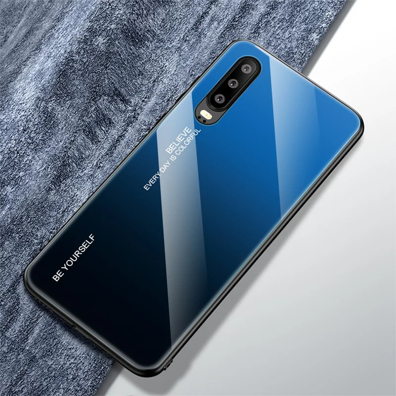 [Gradient Color] Glass + TPU + PC Hybrid Back Case for Huawei P30 - Blue / Black
