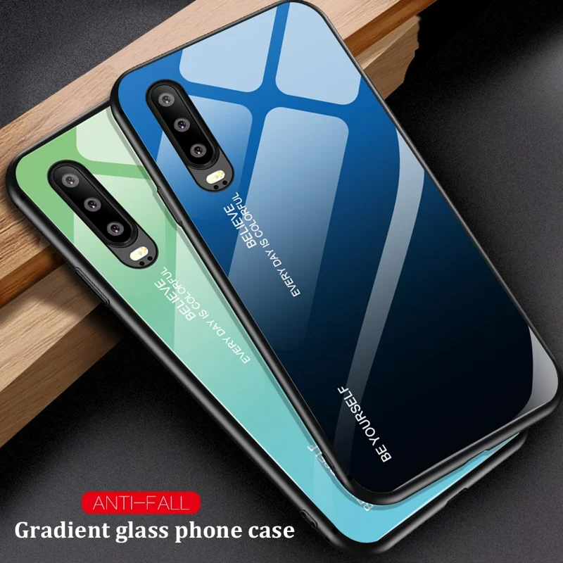 [Gradient Color] Glass + TPU + PC Hybrid Back Case for Huawei P30 - Blue / Black