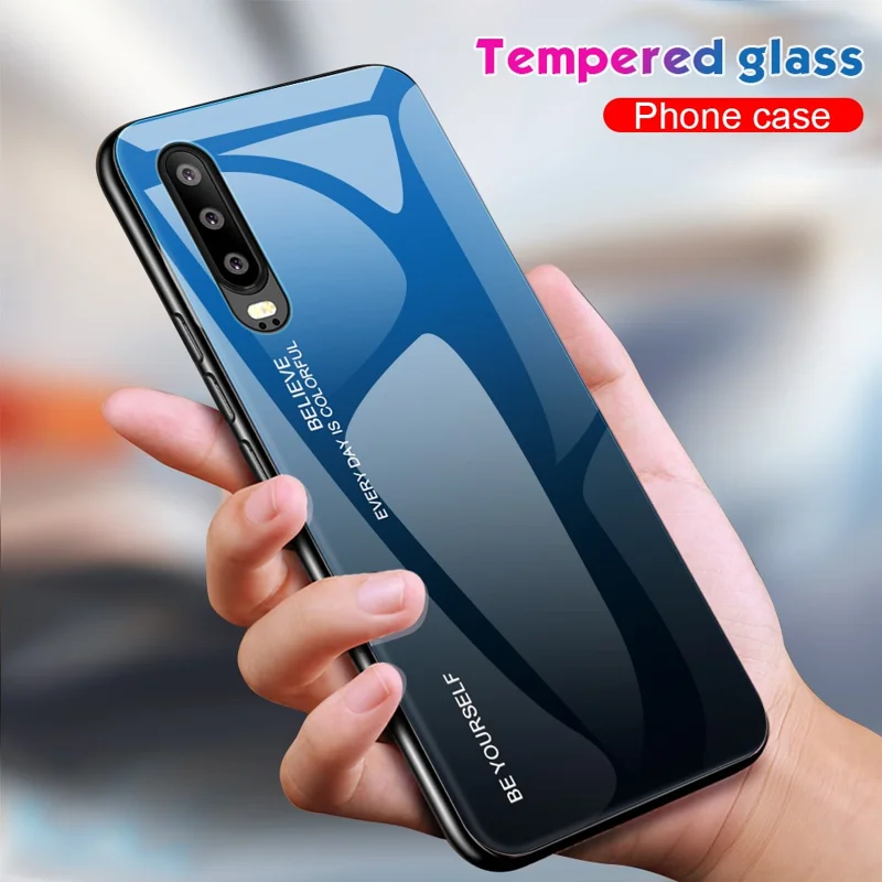 [Gradient Color] Glass + TPU + PC Hybrid Back Case for Huawei P30 - Blue / Black