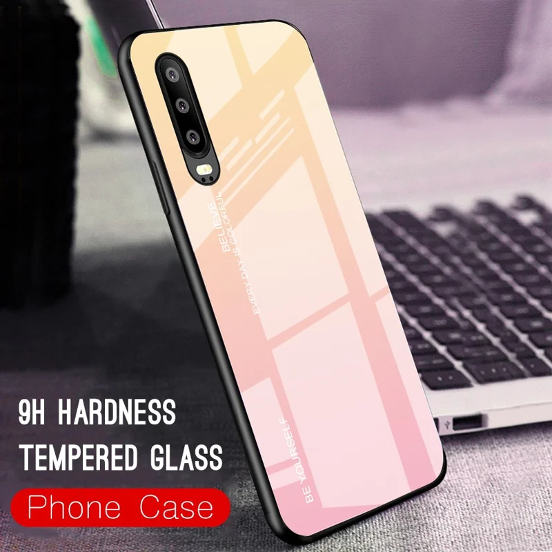 [Gradient Color] Glass + TPU + PC Hybrid Back Case for Huawei P30 - Gold / Pink