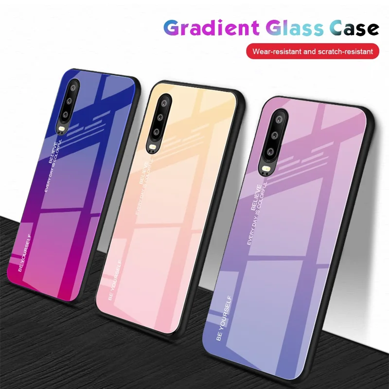[Gradient Color] Glass + TPU + PC Hybrid Back Case for Huawei P30 - Gold / Pink
