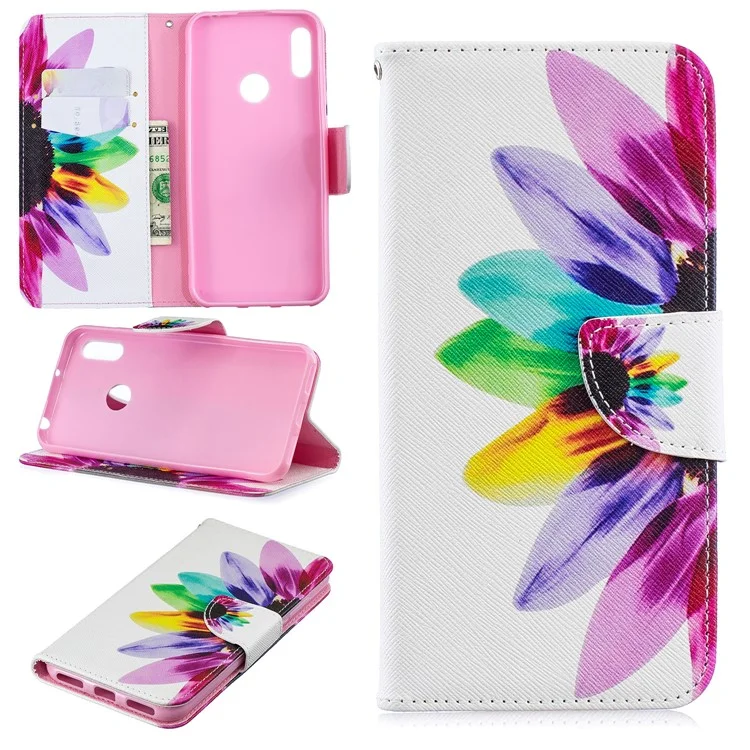 Muster-Druck-PU-Leder-Flip-Stand-Schale für Huawei Y6 (2019, mit Fingerabdrucksensor) / Y6 Prime (2019) - Blütenblattmuster
