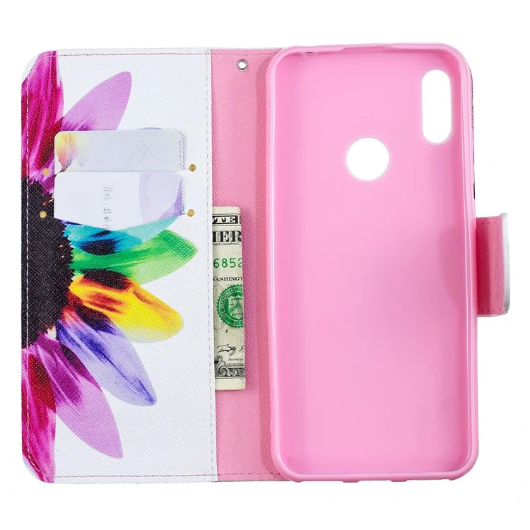 Muster-Druck-PU-Leder-Flip-Stand-Schale für Huawei Y6 (2019, mit Fingerabdrucksensor) / Y6 Prime (2019) - Blütenblattmuster