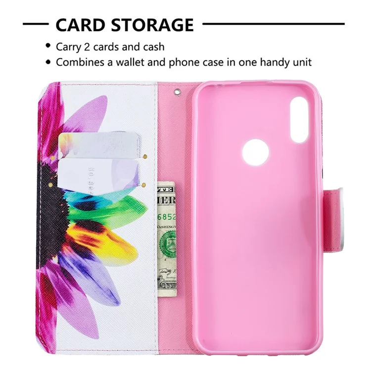 Muster-Druck-PU-Leder-Flip-Stand-Schale für Huawei Y6 (2019, mit Fingerabdrucksensor) / Y6 Prime (2019) - Blütenblattmuster