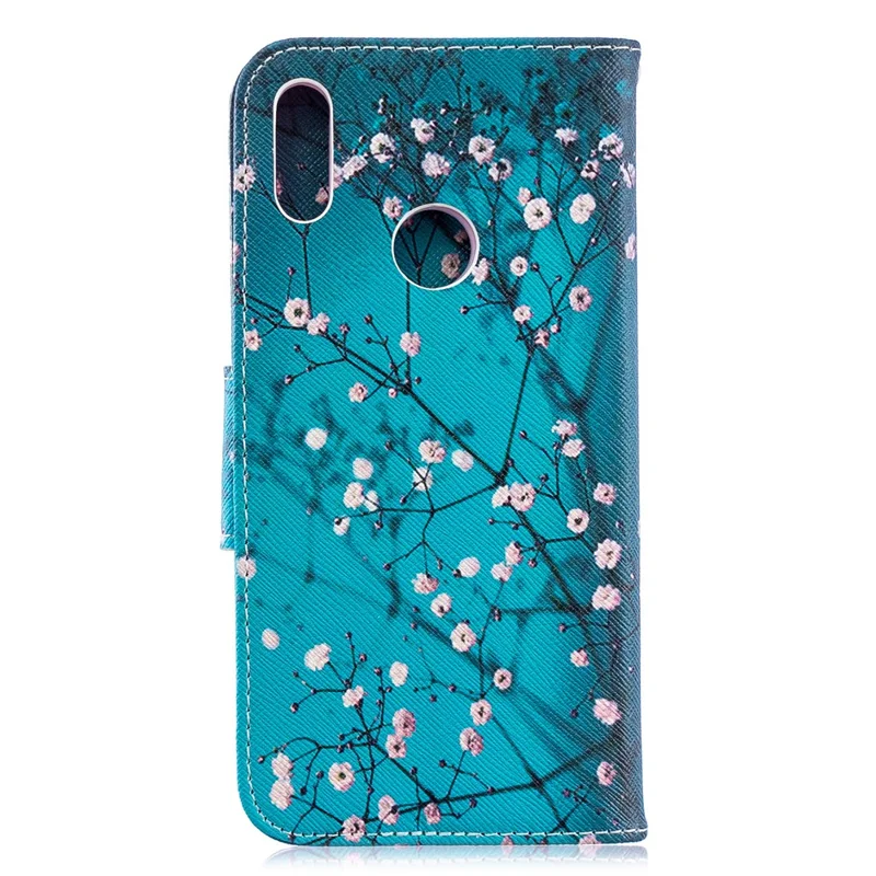 Pattern Printing PU Leather Flip Stand Shell for Huawei Y6 (2019, with Fingerprint Sensor) / Y6 Prime (2019) - Tree with Flowers