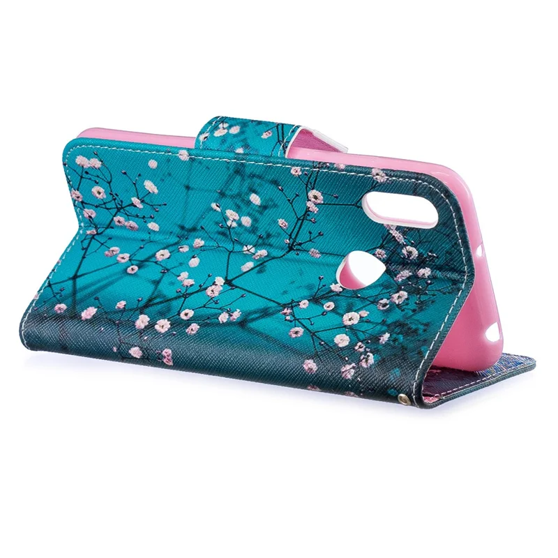 Pattern Printing PU Leather Flip Stand Shell for Huawei Y6 (2019, with Fingerprint Sensor) / Y6 Prime (2019) - Tree with Flowers