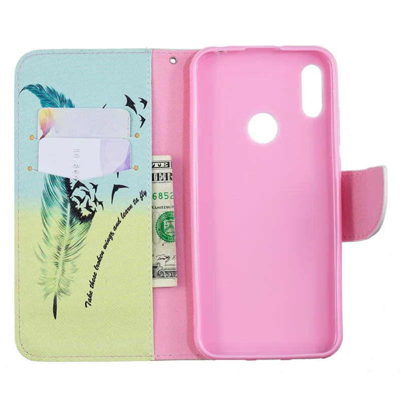 Pattern Printing PU Leather Flip Stand Shell Para Huawei Y6 (2019, Con Sensor de Huellas Digitales) / Y6 Prime (2019) - Patrón de Plumas