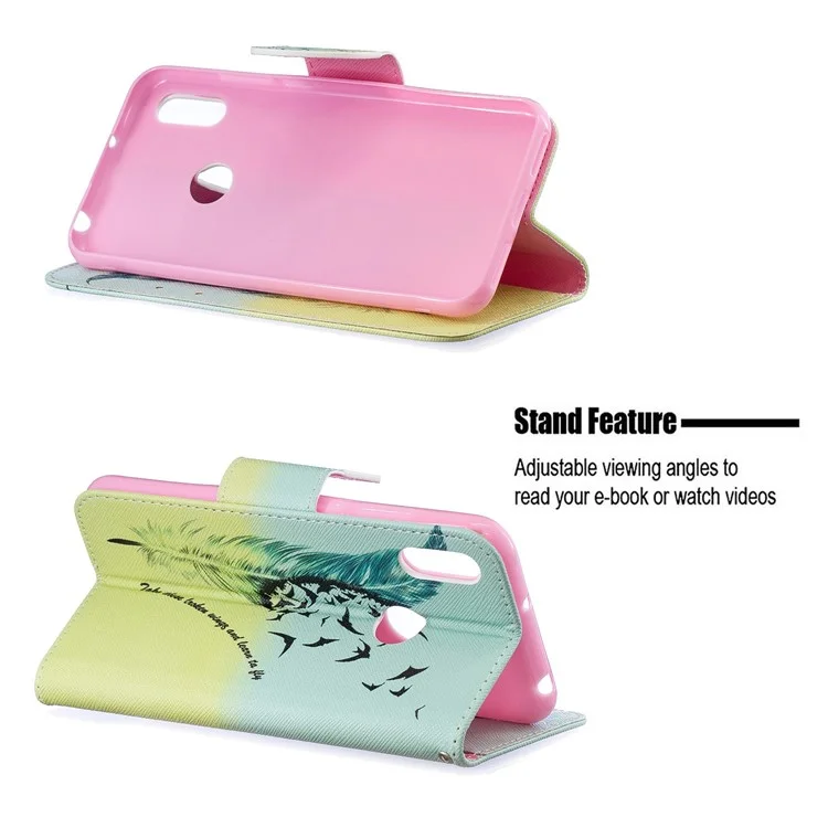 Stampa Motivi PU Flip Stand Gust Per Huawei Y6 (2019, Con Sensore di Impronte Digitali) / Y6 Prime (2019) - Pattern di Piume