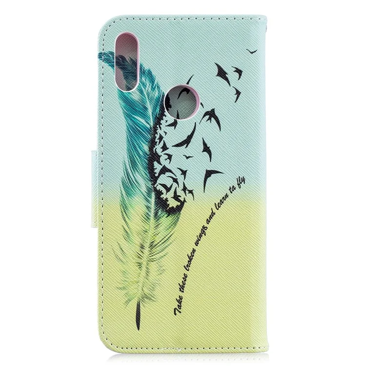 Pattern Printing PU Leather Flip Stand Shell Para Huawei Y6 (2019, Con Sensor de Huellas Digitales) / Y6 Prime (2019) - Patrón de Plumas