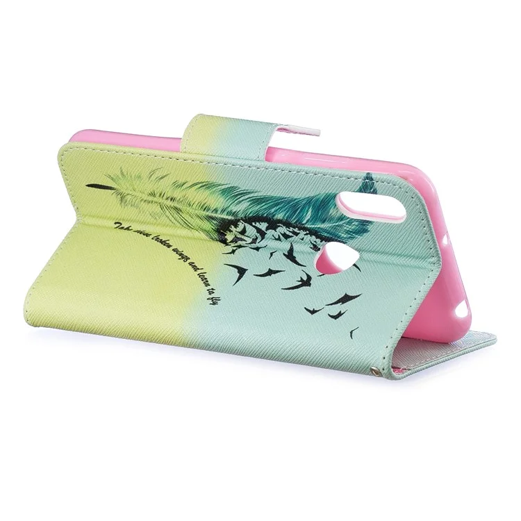 Stampa Motivi PU Flip Stand Gust Per Huawei Y6 (2019, Con Sensore di Impronte Digitali) / Y6 Prime (2019) - Pattern di Piume